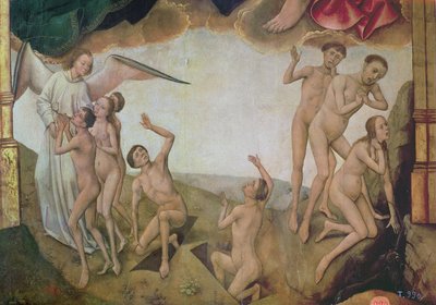 An angel welcomes the blessed into heaven while on the right the damned are being dragged down by devils to hell, detail of the Last Judgement and the Resurrection of the Dead from the Redemption Trip (detail) by Vrancke van der Stockt